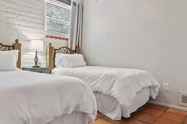 Bedroom with 2 Twin Beds, Comfortable New Mattresses and Linens, Ceiling Fan