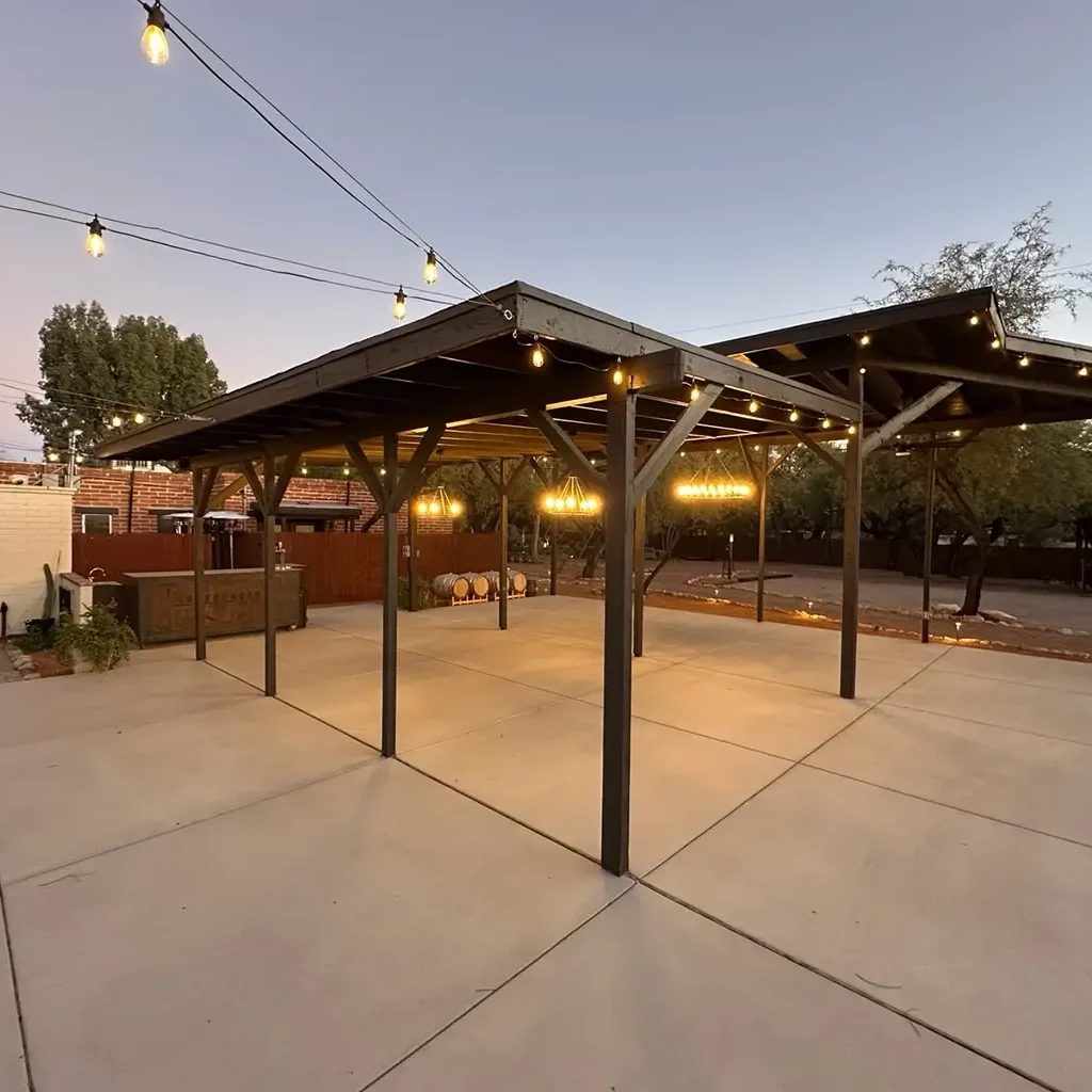 Outdoor Reception space with lights the Pavilion Tucson Guest Ranch Wedding Venue