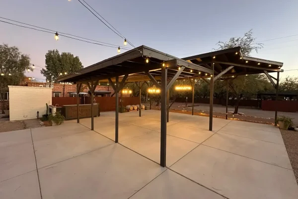 Outdoor Reception space with lights the Pavilion Tucson Guest Ranch Wedding Venue