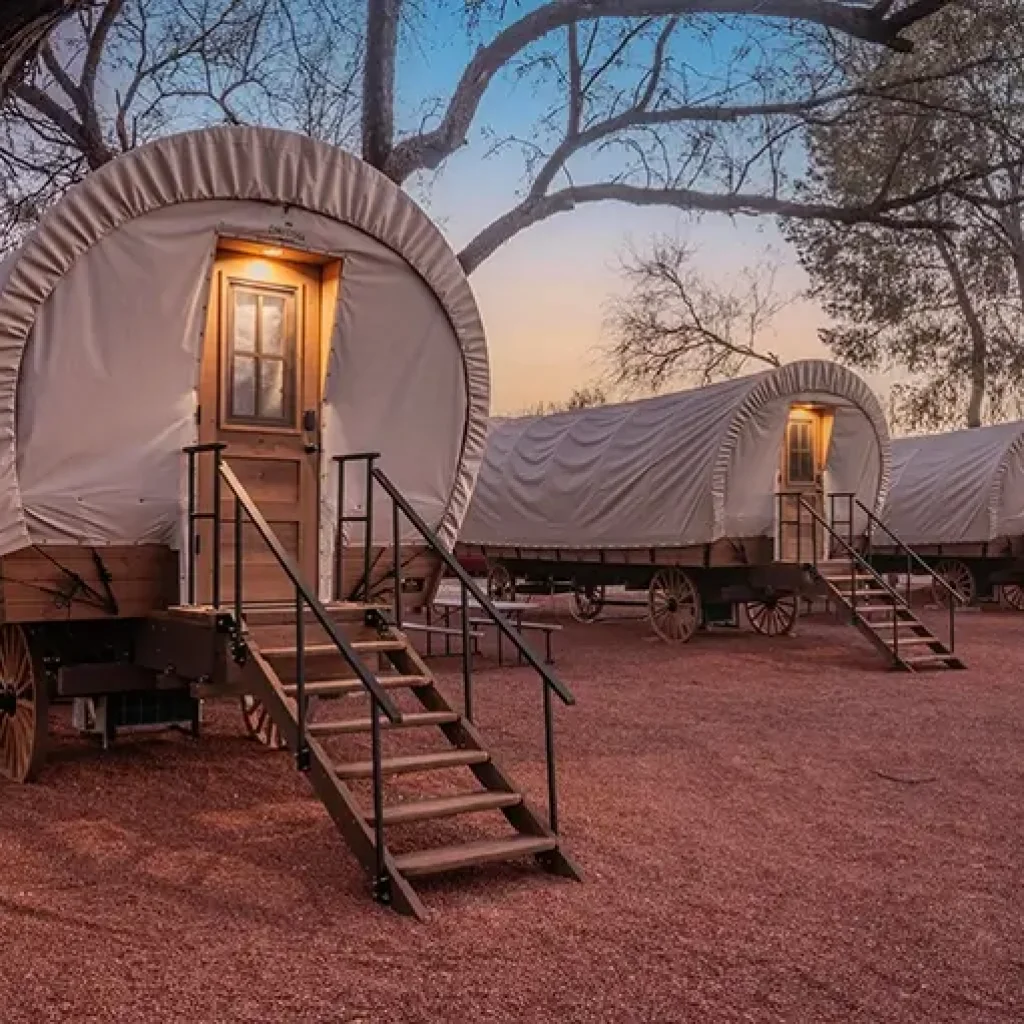 Luxury Glamping Conestoga Wagons Exterior Twilight Solana Guest Ranch Tucson Design